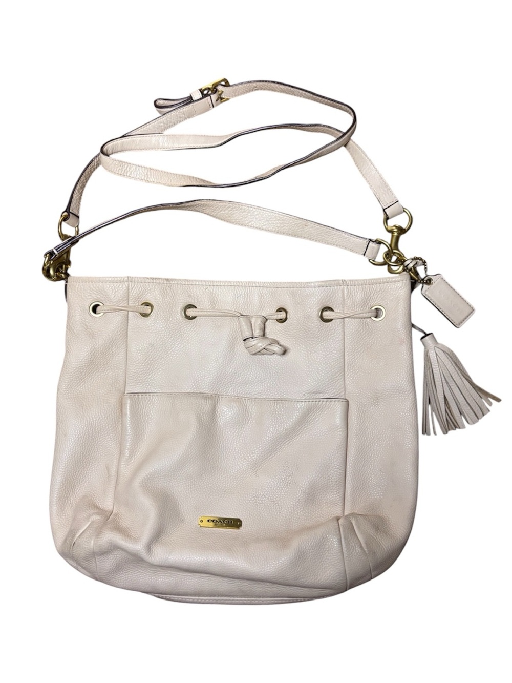 Coach Avery Pebbled Leather Drawstring Shoulder Bag with Tassel in Pearl/Ivory